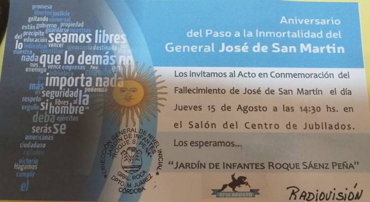 Invitación al Acto  "Aniversario del Paso a la Inmortalidad del General José de San Martín."